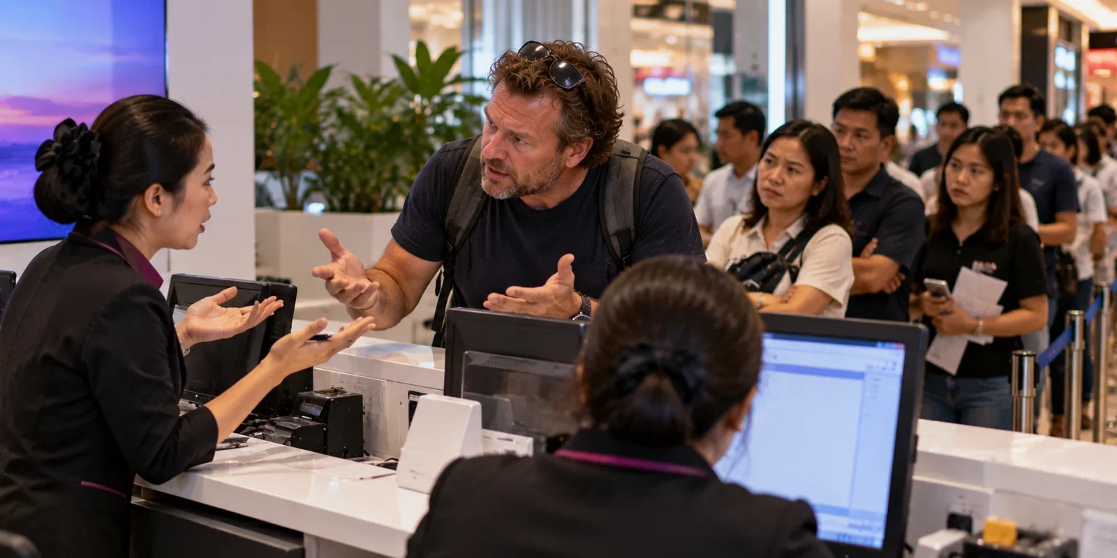 Frustrated foreign customer arguing with staff at a busy telecom service counter in a Bangkok mall, a queue waiting behind. AI-generated image.