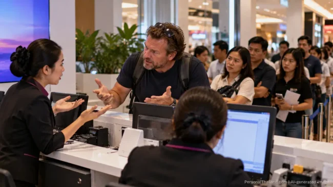 Frustrated foreign customer arguing with staff at a busy telecom service counter in a Bangkok mall, a queue waiting behind. AI-generated image.