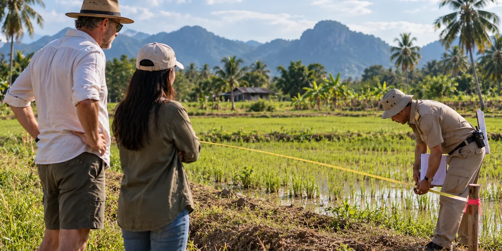 Land officer measuring a rice-field plot with a tape while a foreign man and a Thai woman watch. AI-generated image.