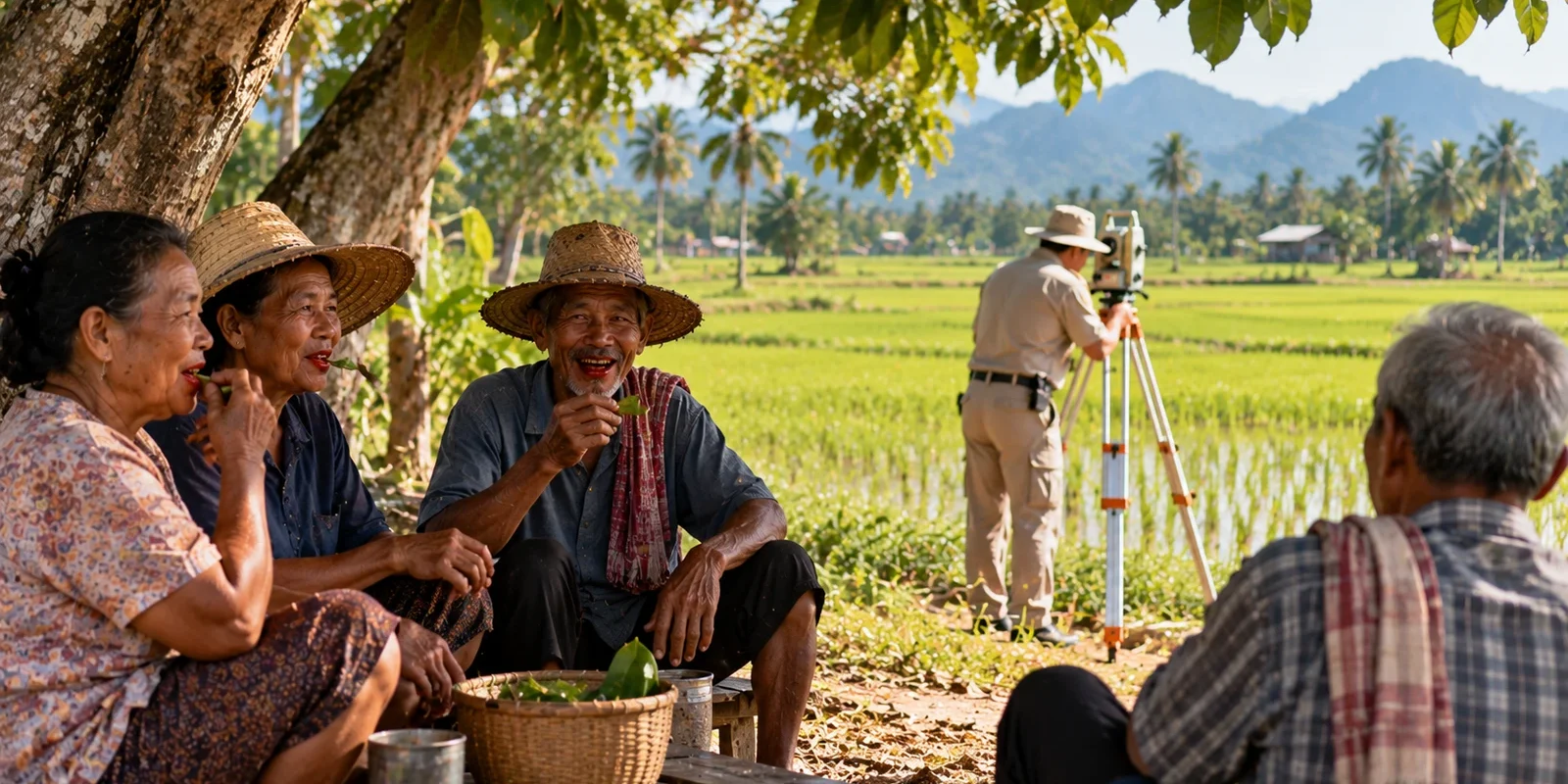 Elderly Thai villagers chewing betel under a tree beside a rice field as a surveyor works with a tripod. AI-generated image.