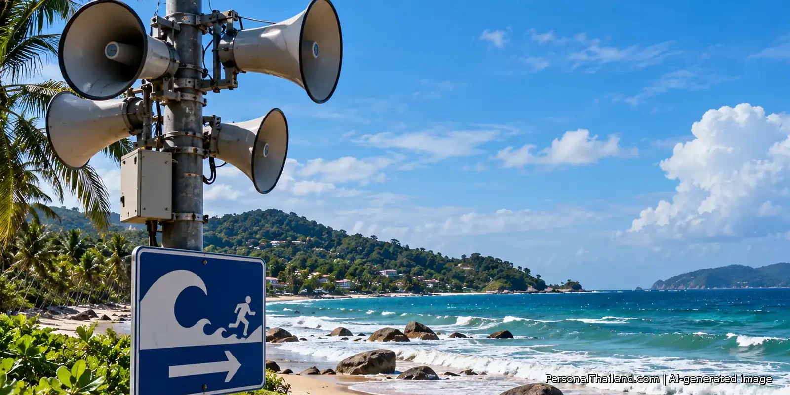 Tsunami warning loudspeakers and evacuation symbol overlooking a tropical coastline in Thailand, shown as an AI-generated illustration.