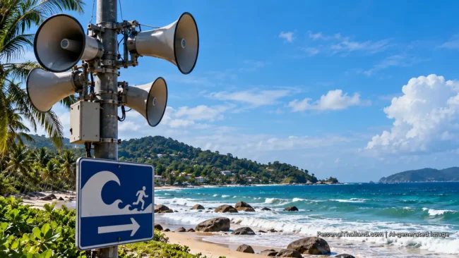 Tsunami warning loudspeakers and evacuation symbol overlooking a tropical coastline in Thailand, shown as an AI-generated illustration.