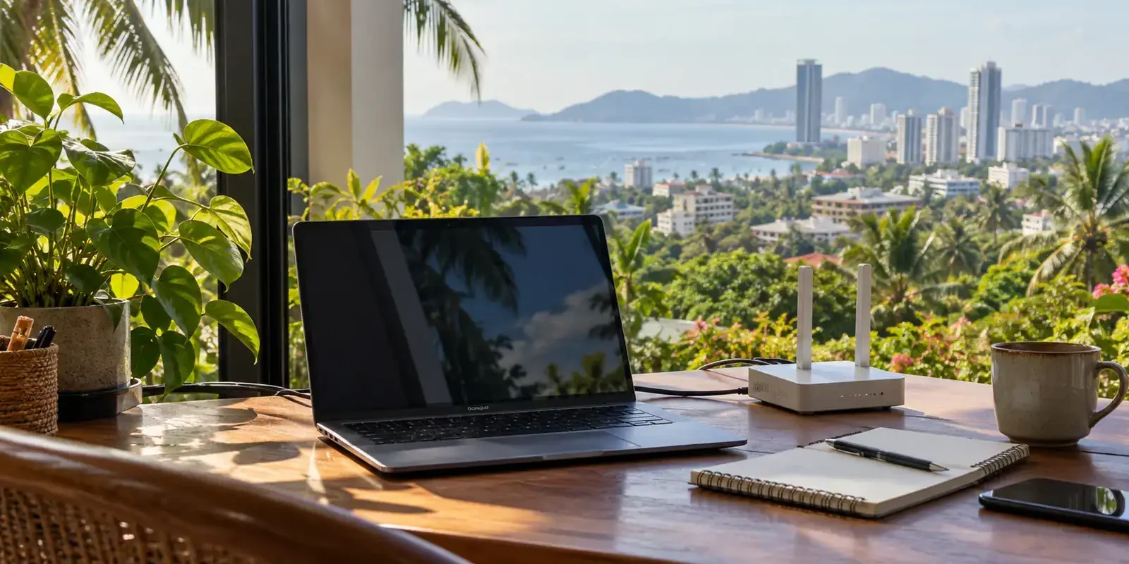 Web Hosting for a Thailand-Based Website: Domains, Speed and Security Laptop, router and notebook on a desk overlooking a Thai coastal city, illustrating web hosting for a Thailand-based website. AI-generated image.