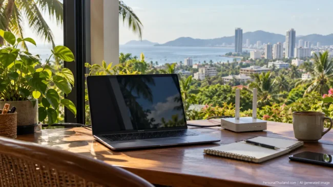 Web Hosting for a Thailand-Based Website: Domains, Speed and Security Laptop, router and notebook on a desk overlooking a Thai coastal city, illustrating web hosting for a Thailand-based website. AI-generated image.