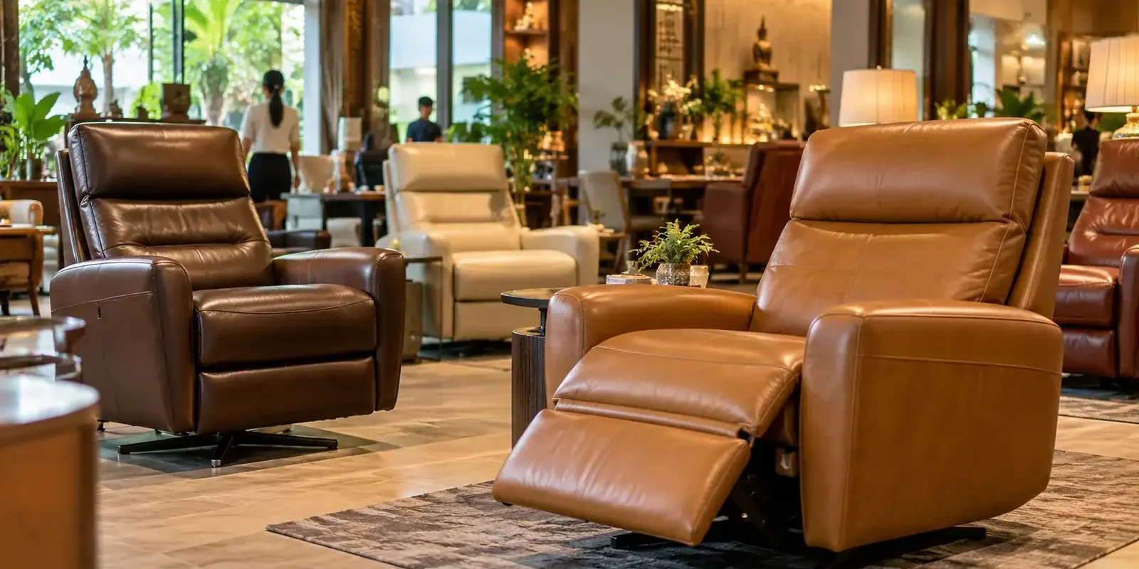 Brown and tan leather recliner chairs on display in a Thai furniture showroom. AI-generated image.