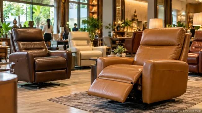 Buying Leather Chairs in Thailand: How to Compare Materials and Quality Brown and tan leather recliner chairs on display in a Thai furniture showroom. AI-generated image.