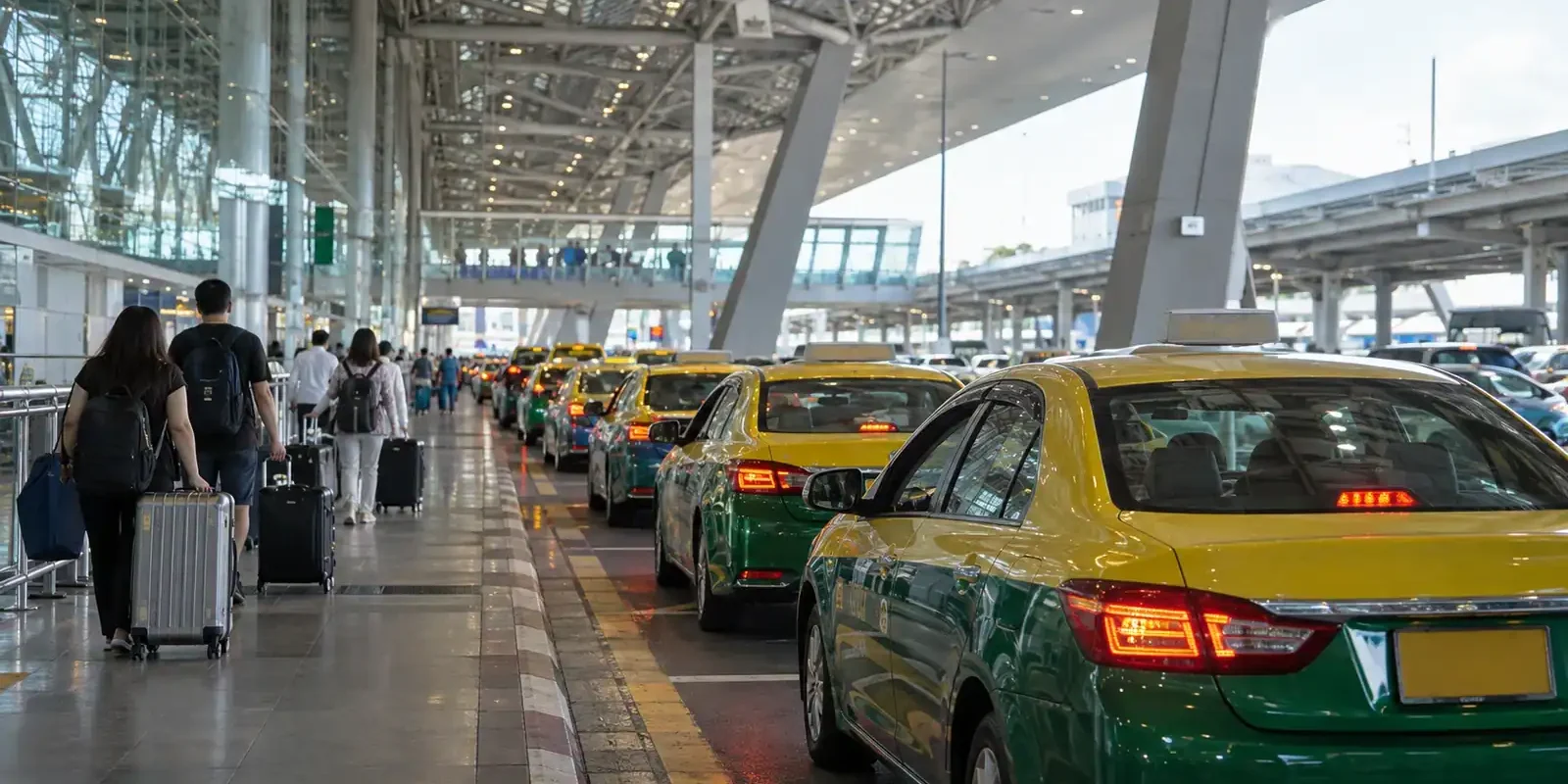 Travellers with luggage beside a queue of yellow-and-green metered taxis at Bangkok's Suvarnabhumi Airport. AI-generated image.