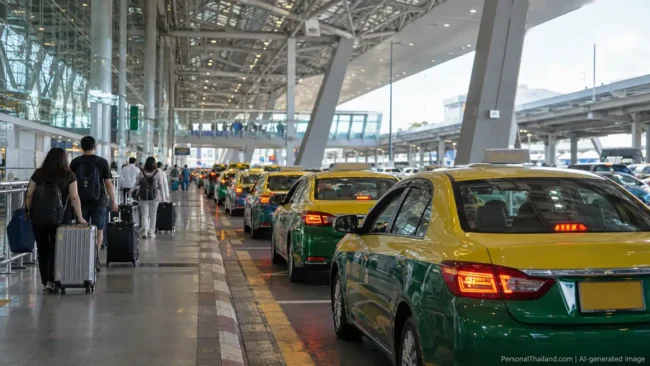 Suvarnabhumi Airport Taxis: Finding the Official Queue and Avoiding Confusion Travellers with luggage beside a queue of yellow-and-green metered taxis at Bangkok's Suvarnabhumi Airport. AI-generated image.