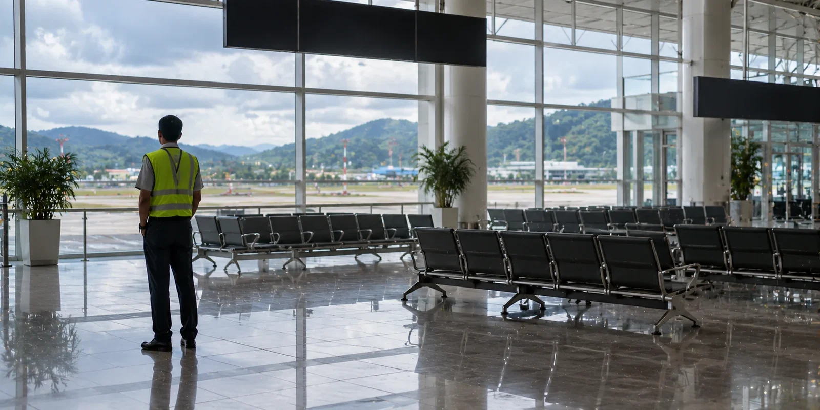 Quiet, empty departure hall at Phuket airport during a closure, a lone airport worker looking out at the runway. AI-generated image.