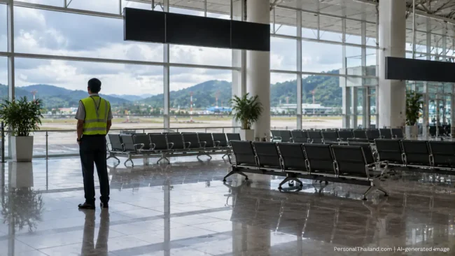 Passenger manifest of the Phuket plane crash airport closed to monday Quiet, empty departure hall at Phuket airport during a closure, a lone airport worker looking out at the runway. AI-generated image.