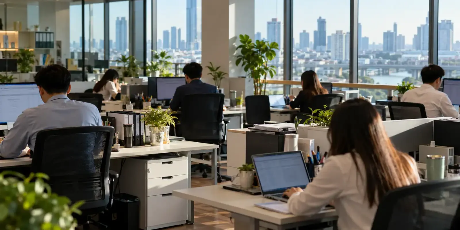 Employees working at desks in a modern open-plan Bangkok office with a city skyline view. AI-generated image.