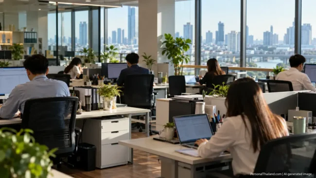 Working in a Thai Office: Overtime, Rights and Workplace Expectations Employees working at desks in a modern open-plan Bangkok office with a city skyline view. AI-generated image.