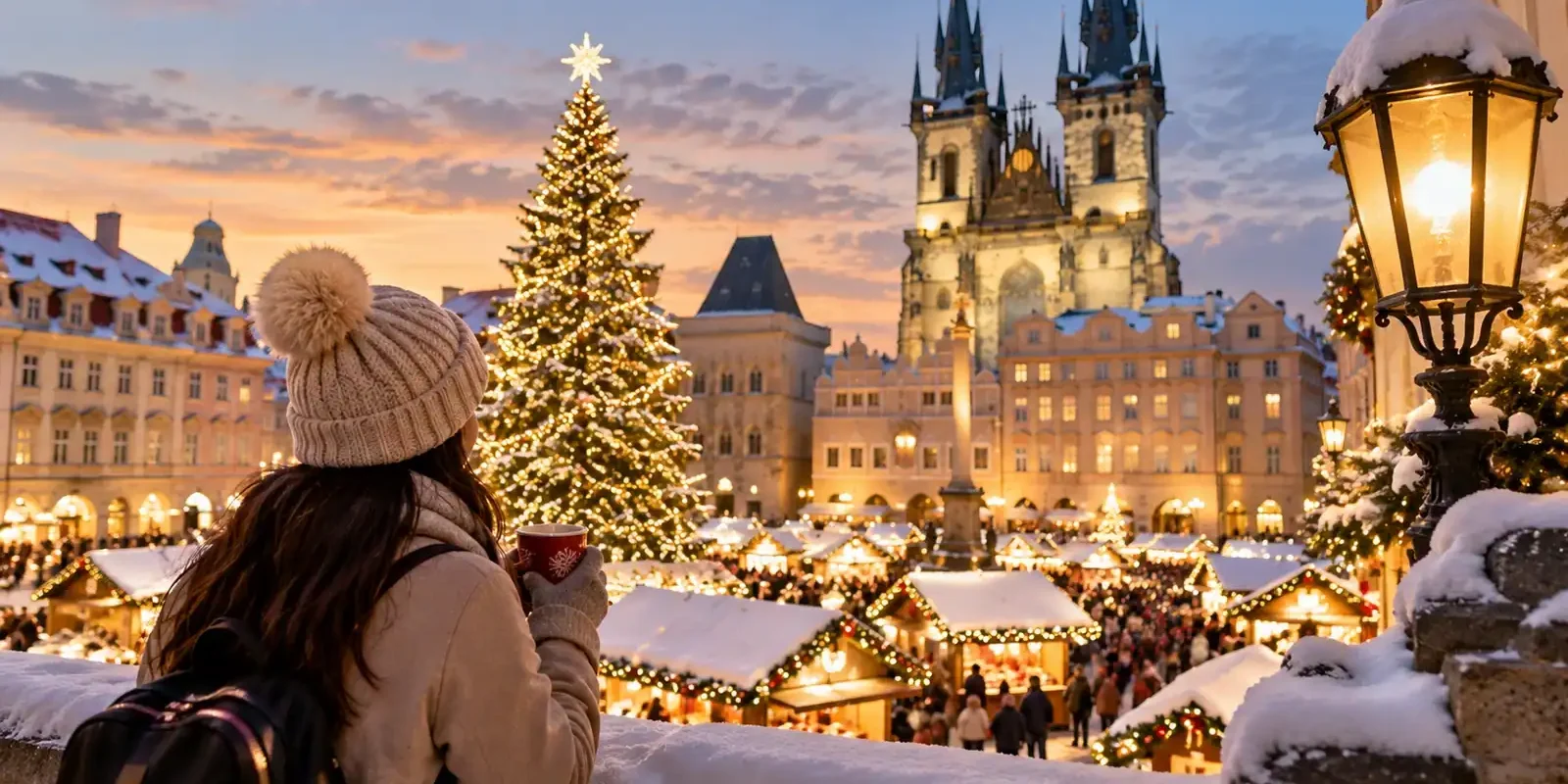 Christmas in Europe from Thailand: A Practical Winter Travel Guide Traveller with a hot drink overlooking a snowy European Christmas market with a lit tree and Gothic church at dusk. AI-generated image.