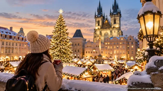 Traveller with a hot drink overlooking a snowy European Christmas market with a lit tree and Gothic church at dusk. AI-generated image.