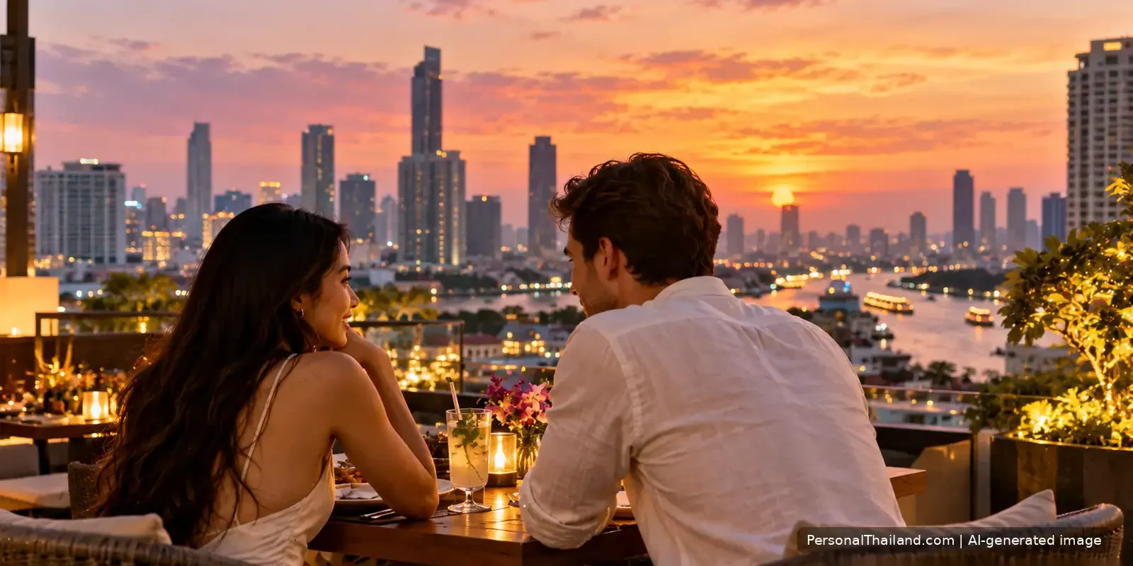 Couple talking over dinner on a Bangkok rooftop terrace at sunset with the river and skyline behind. AI-generated image.