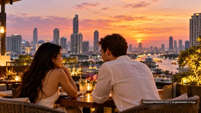 Couple talking over dinner on a Bangkok rooftop terrace at sunset with the river and skyline behind. AI-generated image.