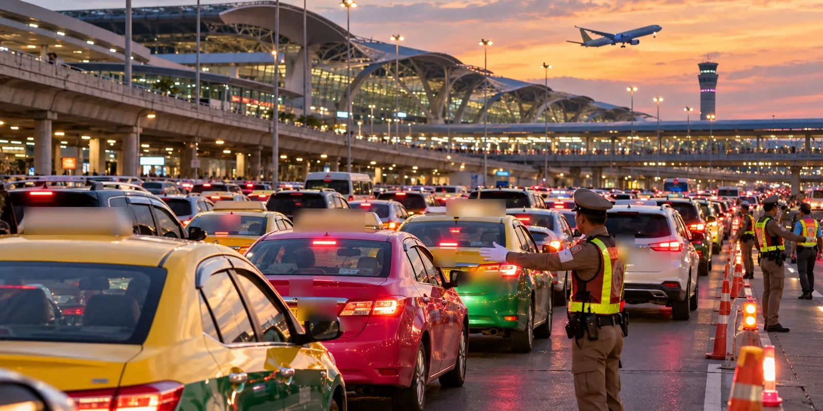 Traffic chaos in Thailand new airpost Suvarnabhumi Taxis and cars stuck in evening traffic outside Bangkok Suvarnabhumi airport as a police officer directs vehicles. AI-generated image.