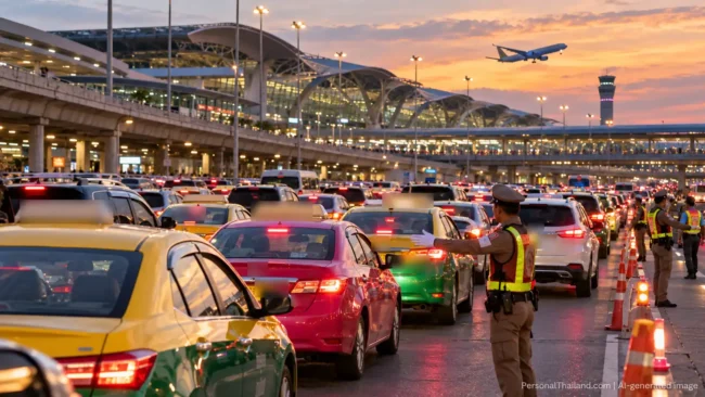 Taxis and cars stuck in evening traffic outside Bangkok Suvarnabhumi airport as a police officer directs vehicles. AI-generated image.
