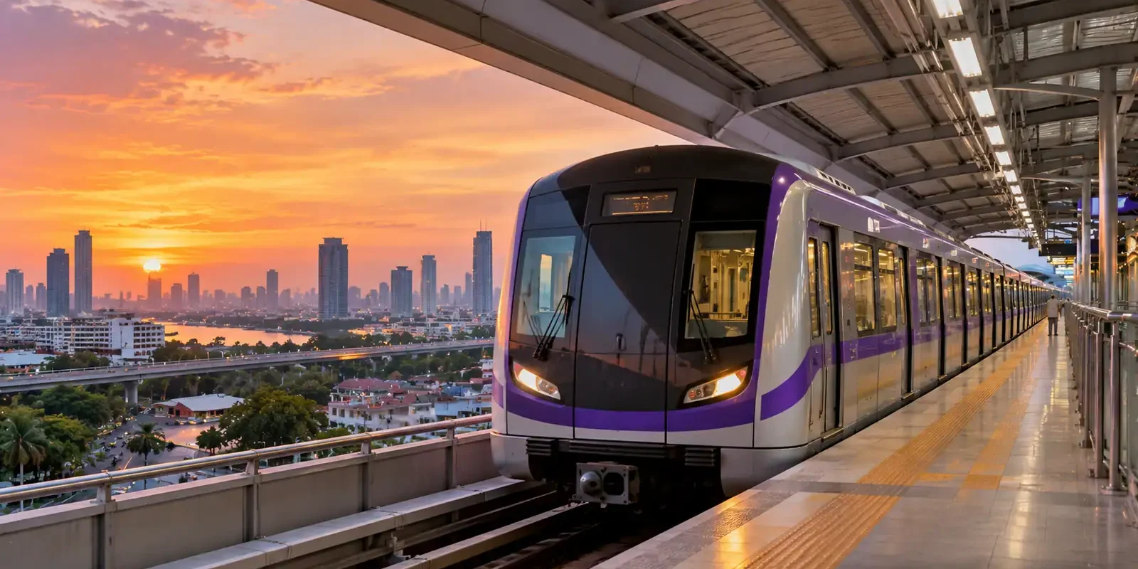 Purple-striped metro train at an elevated Bangkok station with the city skyline at sunset. AI-generated image.