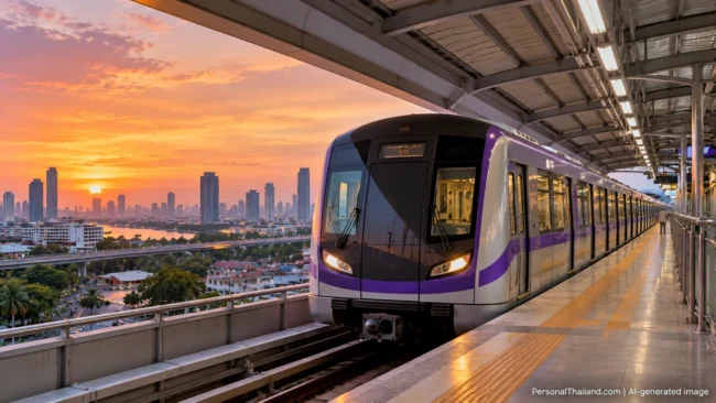 Bangkok MRT Purple Line: From a 2007 Plan to a Working Railway Purple-striped metro train at an elevated Bangkok station with the city skyline at sunset. AI-generated image.