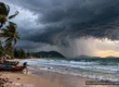 Dark storm clouds and heavy rain approaching a Thai beach with longtail boats pulled up on the sand and palms bending in the wind. AI-generated image.
