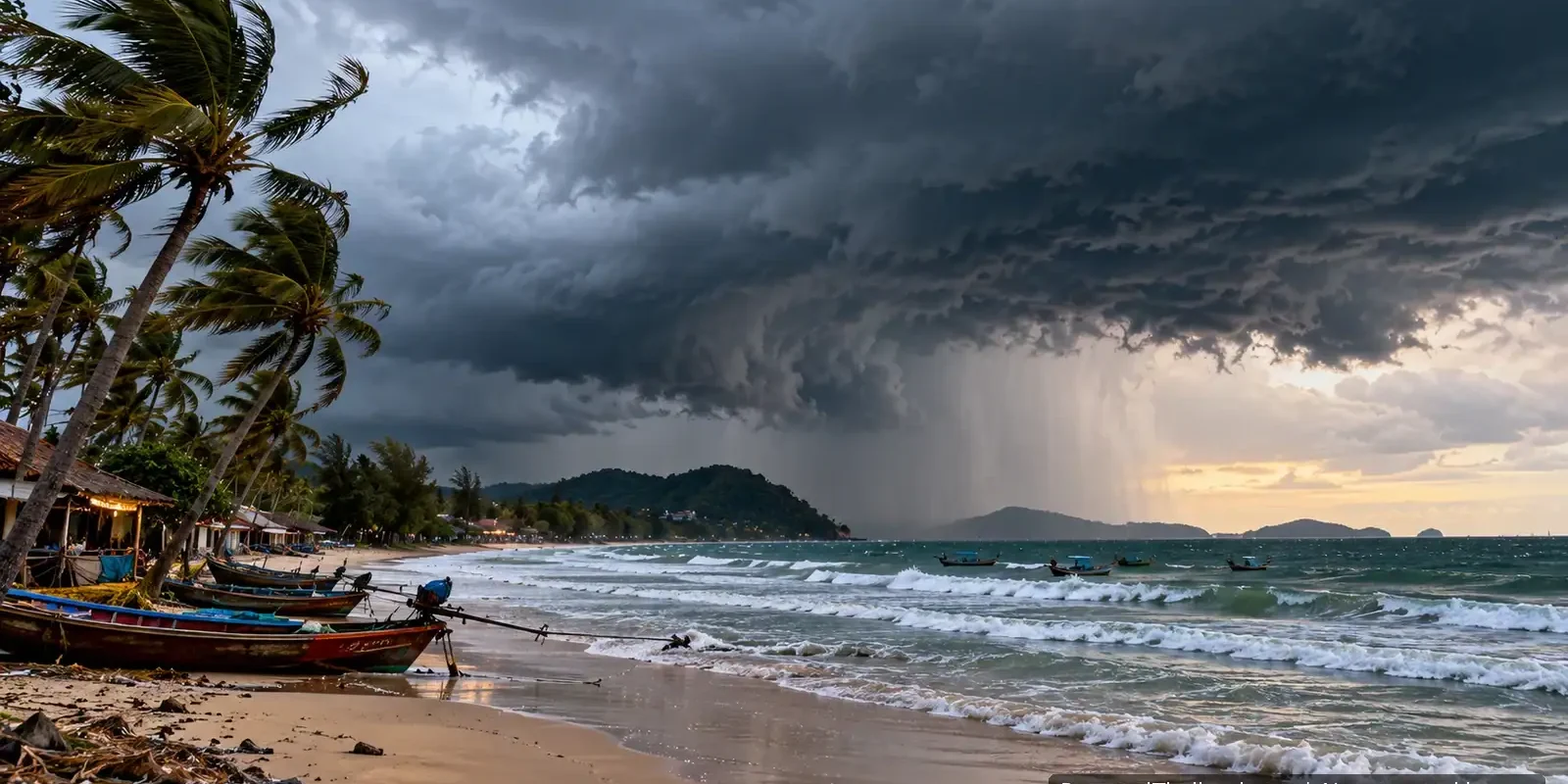 Storm Warnings in Thailand: How to Read Alerts and Travel Safely Dark storm clouds and heavy rain approaching a Thai beach with longtail boats pulled up on the sand and palms bending in the wind. AI-generated image.