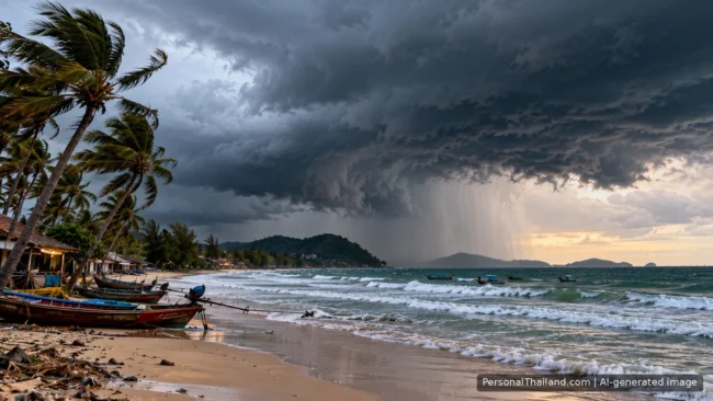 Storm Warnings in Thailand: How to Read Alerts and Travel Safely Dark storm clouds and heavy rain approaching a Thai beach with longtail boats pulled up on the sand and palms bending in the wind. AI-generated image.