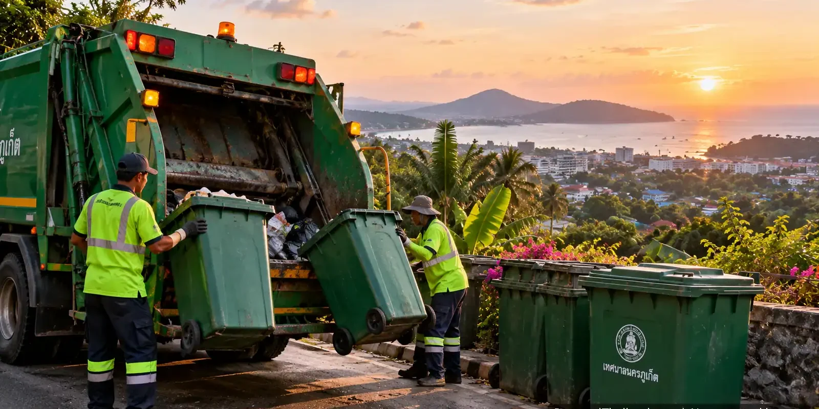 Municipal workers in hi-vis vests emptying green wheelie bins into a garbage truck on a hillside street above a Phuket bay at sunset. AI-generated image.