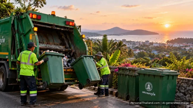 Phuket Waste Management: Incineration, Recycling and the Island’s Challenges Municipal workers in hi-vis vests emptying green wheelie bins into a garbage truck on a hillside street above a Phuket bay at sunset. AI-generated image.