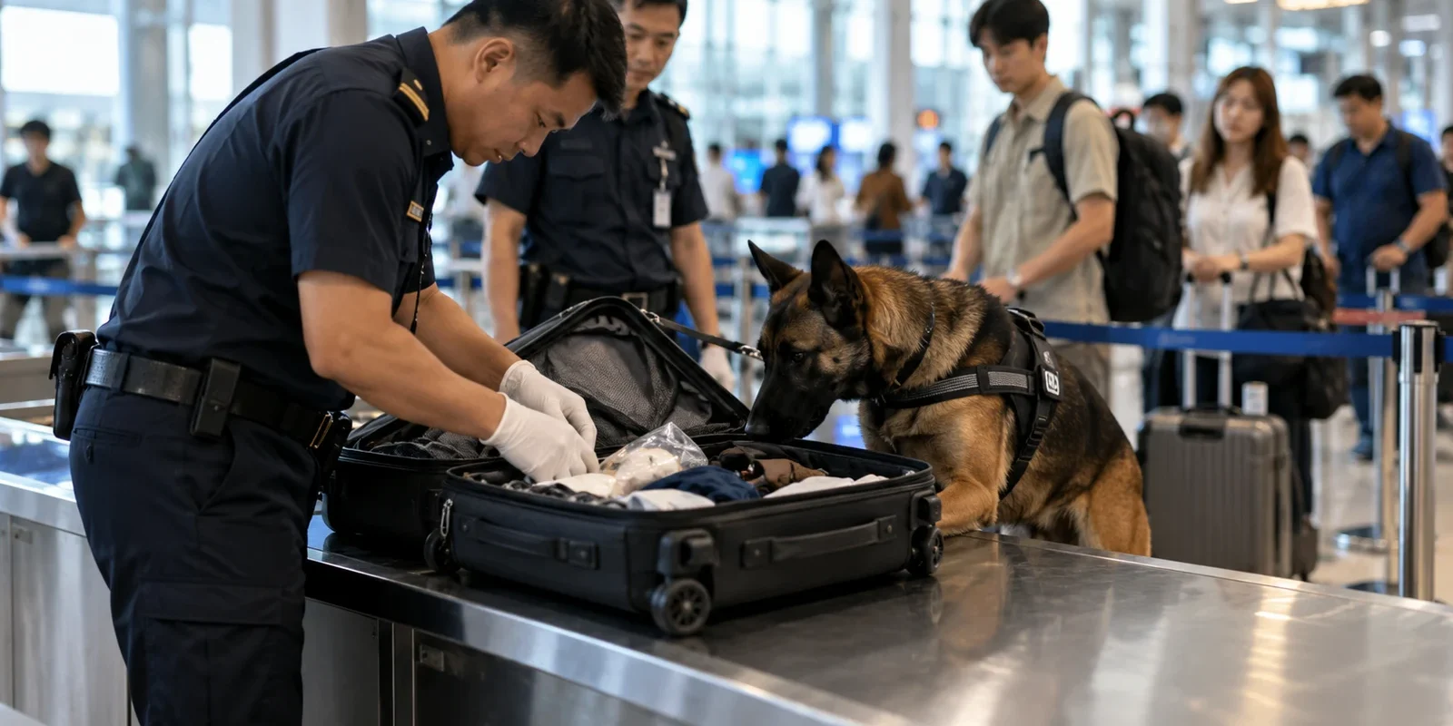 German caught with heroin Airport officer in gloves searching an open suitcase with a sniffer dog while travellers queue behind. AI-generated image.