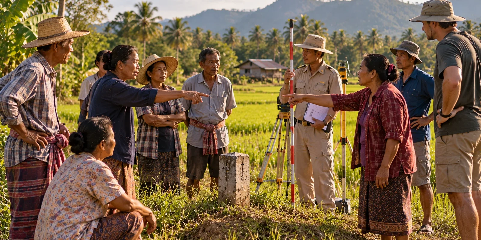 Thai villagers debating around a boundary stone in a rice field while a land surveyor with a tripod looks on. AI-generated image.