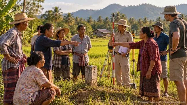 Thai villagers debating around a boundary stone in a rice field while a land surveyor with a tripod looks on. AI-generated image.