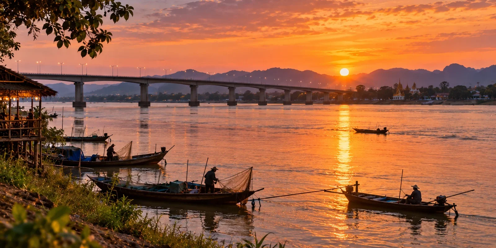 The Mekong river at Nong Khai at sunset with the bridge to Laos and fishermen in longtail boats. AI-generated image.