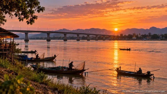 Nong Khai populations speaks Isaan Laos and Thai The Mekong river at Nong Khai at sunset with the bridge to Laos and fishermen in longtail boats. AI-generated image.