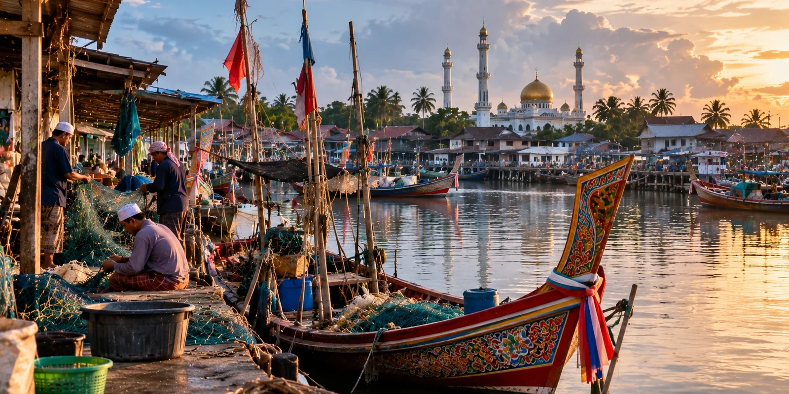 Pattani Province in Thailand populated with Malay Muslim Colourful korlae fishing boats and fishermen in a southern Thai harbour in Pattani, a mosque with golden domes behind. AI-generated image.