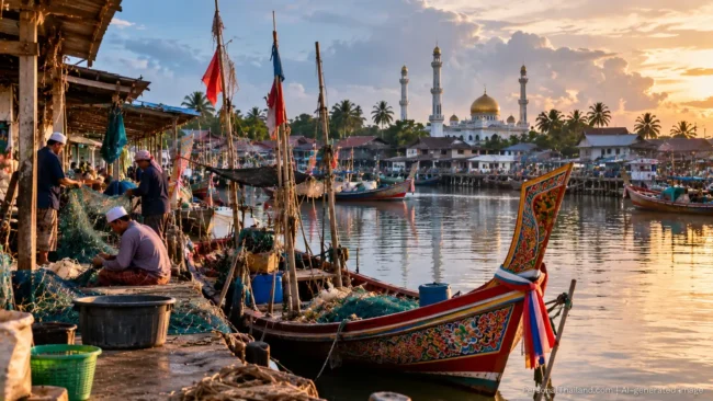Pattani Province in Thailand populated with Malay Muslim Colourful korlae fishing boats and fishermen in a southern Thai harbour in Pattani, a mosque with golden domes behind. AI-generated image.