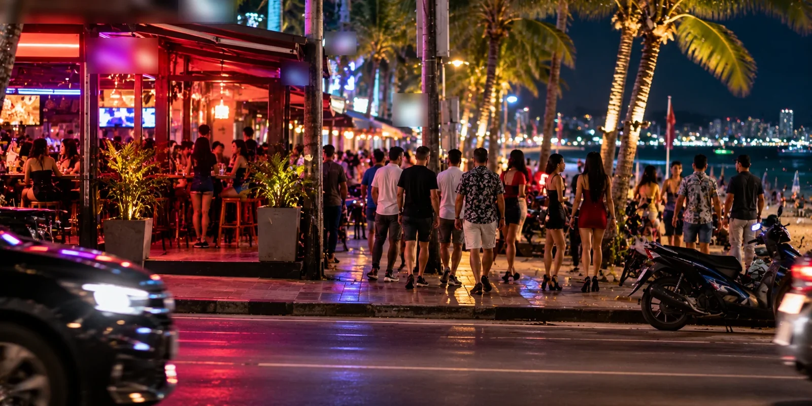 Iran group tour in Pattaya lost $ 1200 on 2 girls, 6 condoms and 2 bottles of cheap wine Pattaya beach road at night with groups of tourists walking past brightly lit bars and palm trees. AI-generated image.