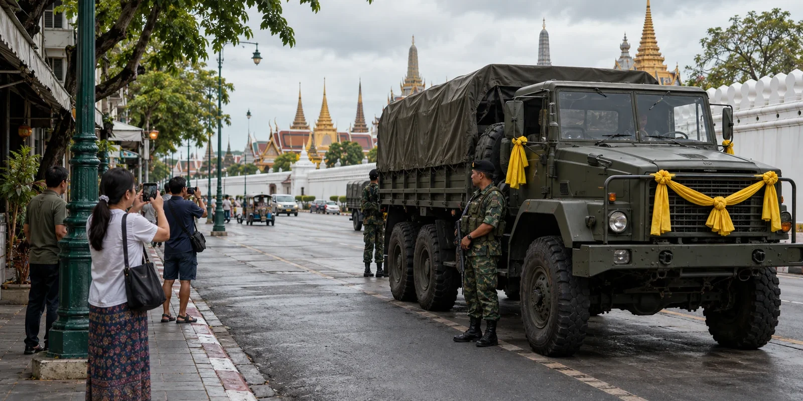 Day 2 of the coup nice and easy Army truck decorated with yellow ribbons parked on a calm Bangkok street near the Grand Palace, locals walking past. AI-generated image.