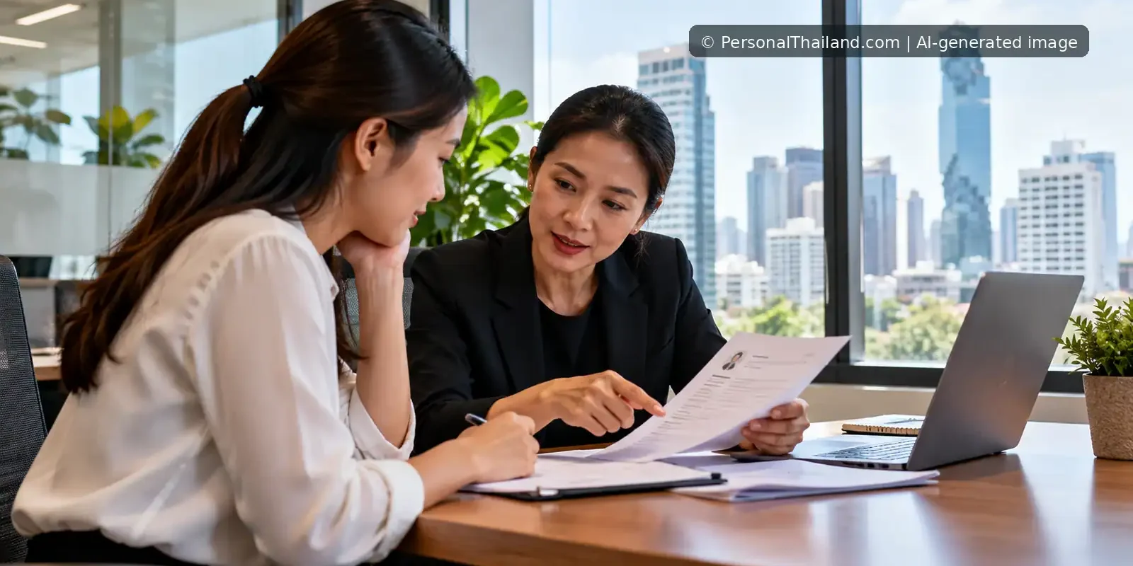 AI-generated career mentoring and resume review in a modern Bangkok office