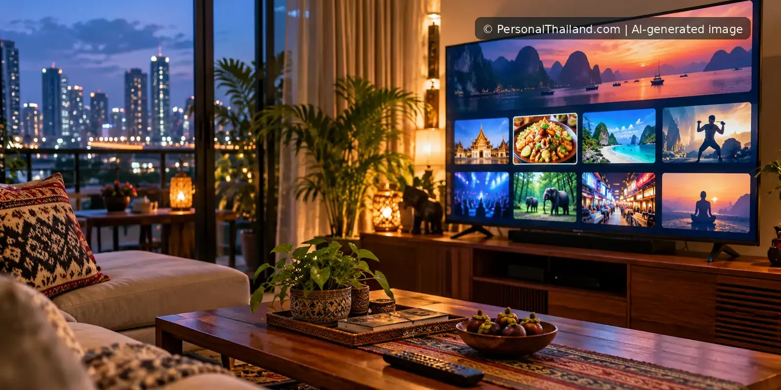 AI-generated Thai apartment living room with a TV showing a generic streaming selection