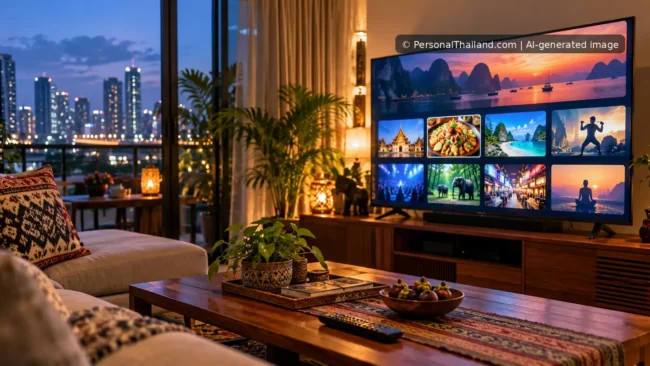 great-tv-summer-in-thailand-1600×900 AI-generated Thai apartment living room with a TV showing a generic streaming selection