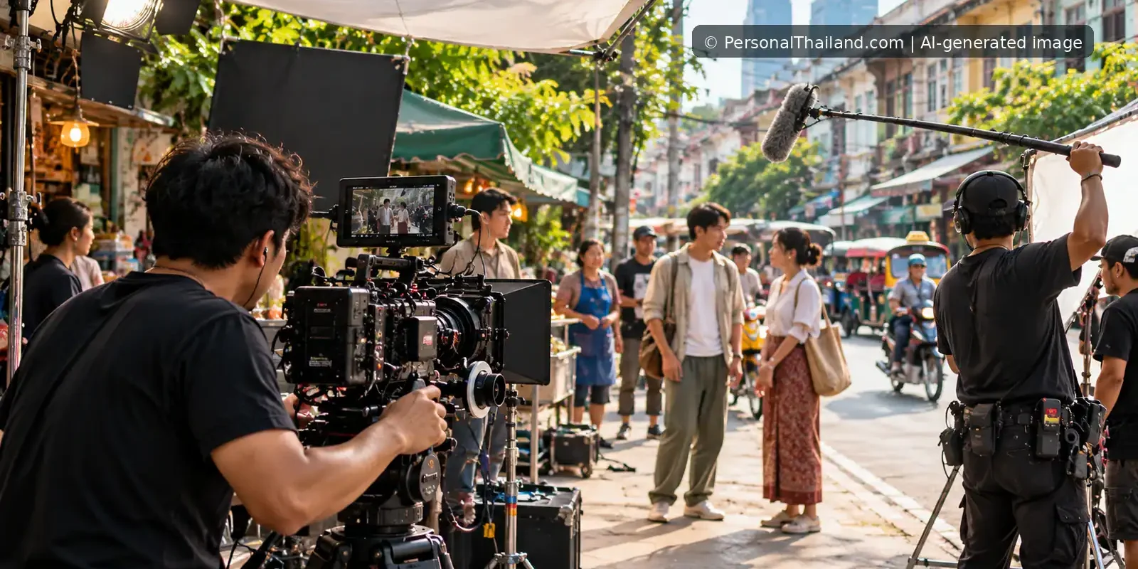 AI-generated film crew, cinema camera and boom microphone on a Bangkok street shoot