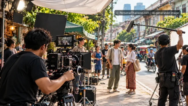 AI-generated film crew, cinema camera and boom microphone on a Bangkok street shoot