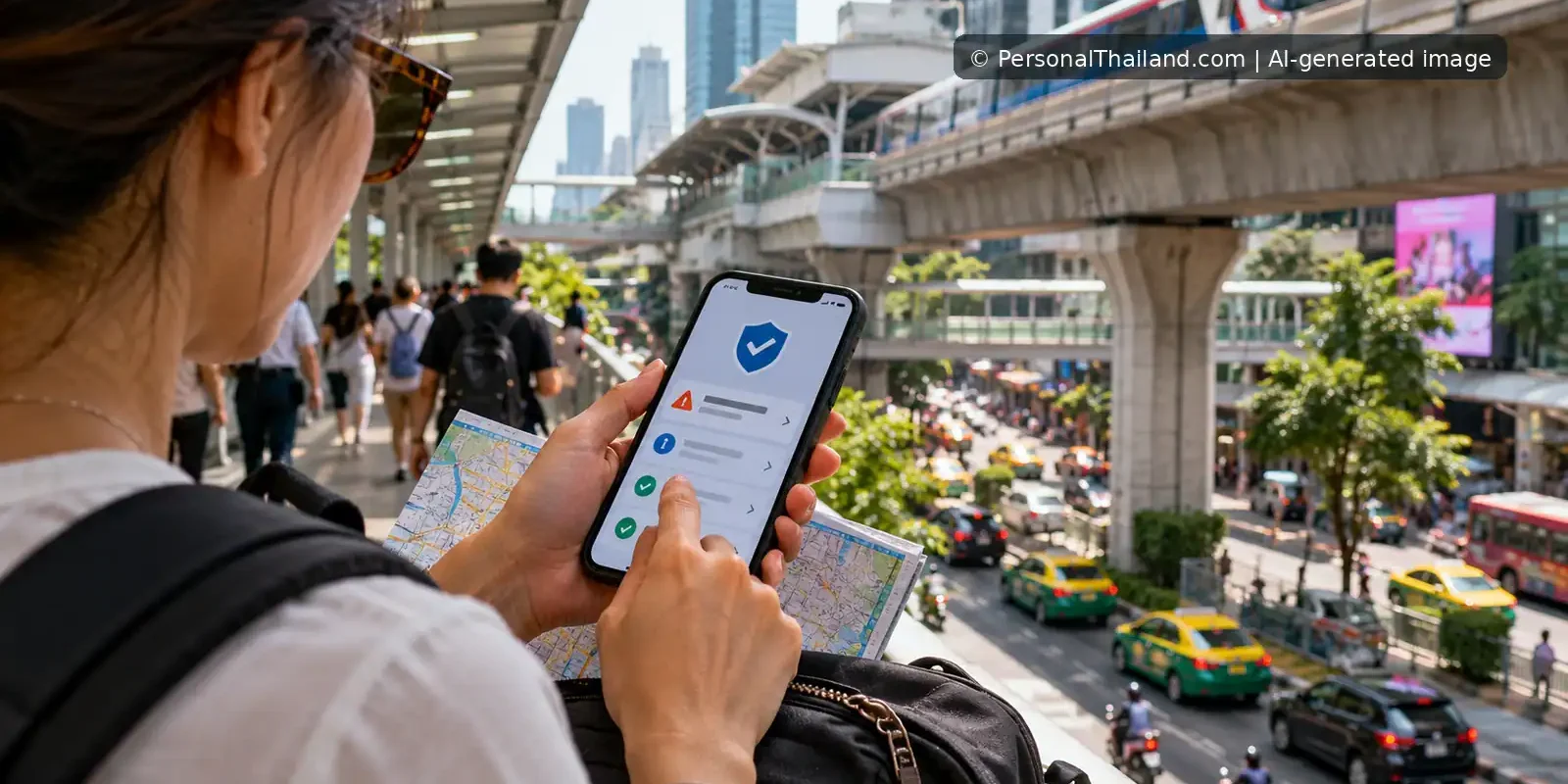 AI-generated illustrative scene of a visitor checking a mobile safety advisory while walking in central Bangkok