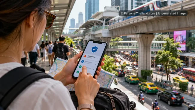 security-alert-in-bangkok-1600×900 AI-generated illustrative scene of a visitor checking a mobile safety advisory while walking in central Bangkok