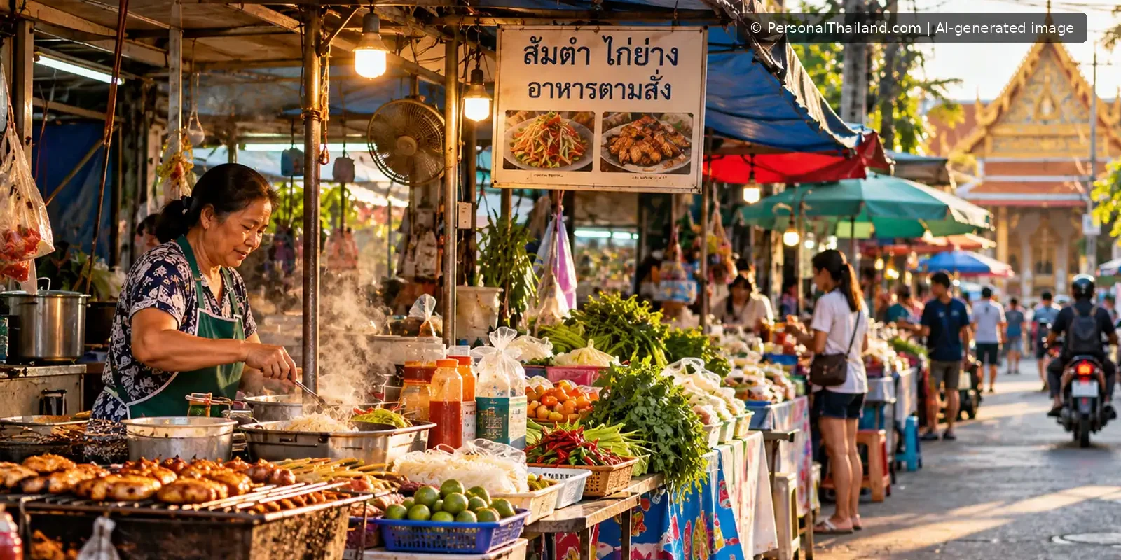 Illustrative everyday Thai neighbourhood market scene